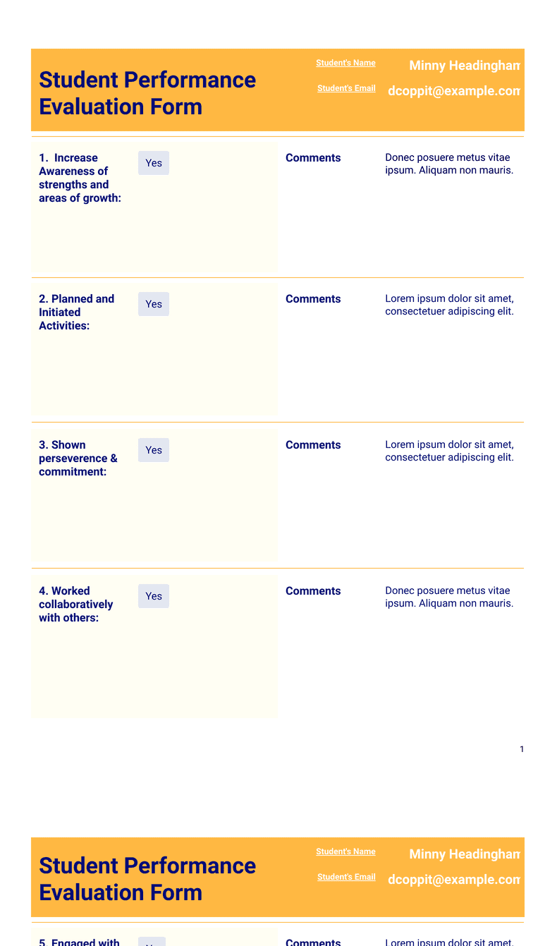 Performance Evaluation For Students Template - PDF Templates | Jotform