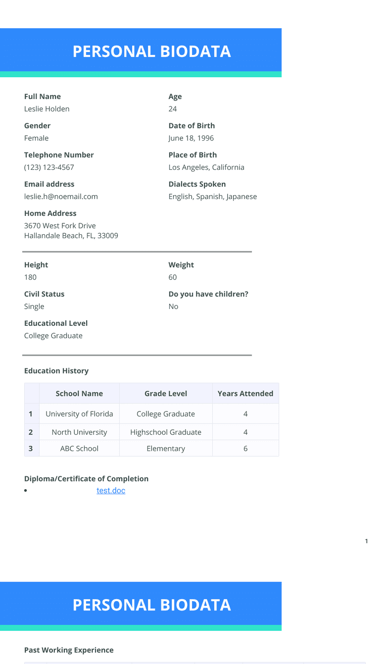 Personal Biodata - PDF Templates | Jotform