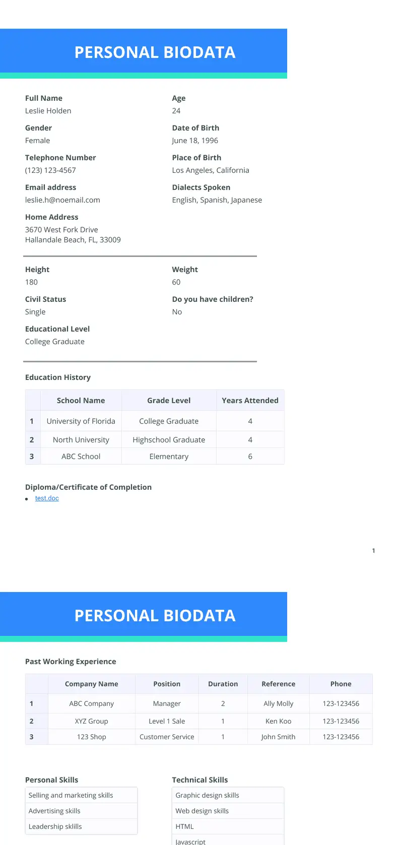 Personal Biodata - PDF Templates | Jotform