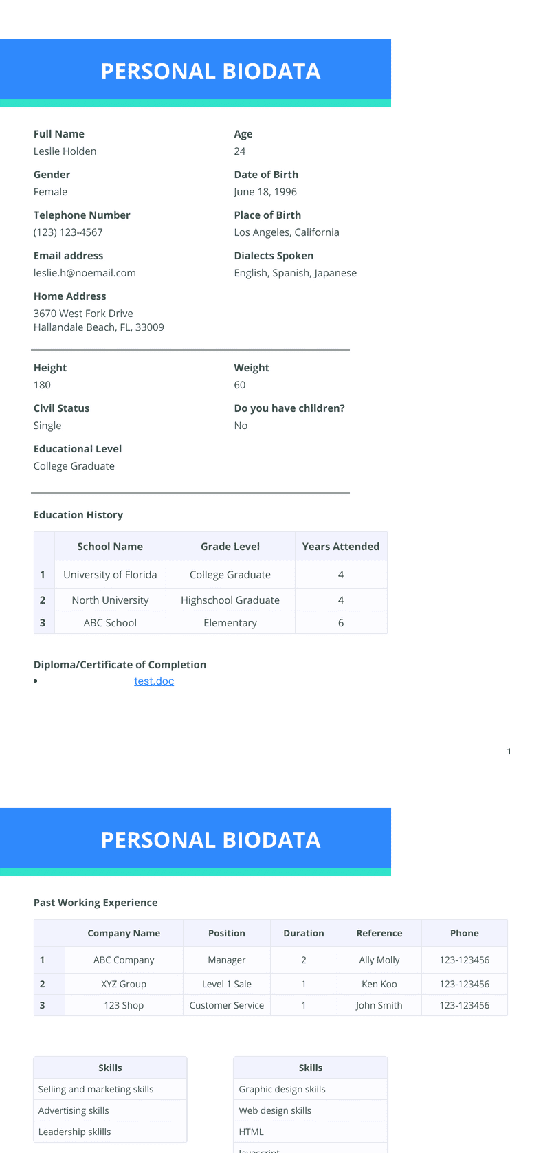 Personal Bio Data.pdf Personal Biodata - PDF Templates | Jotform