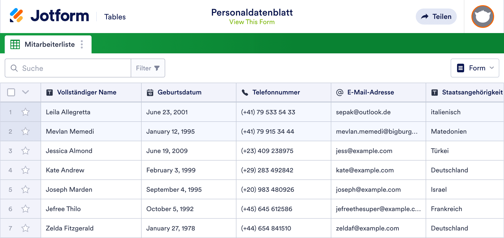 Personaldatenblatt Vorlage Jotform Tables