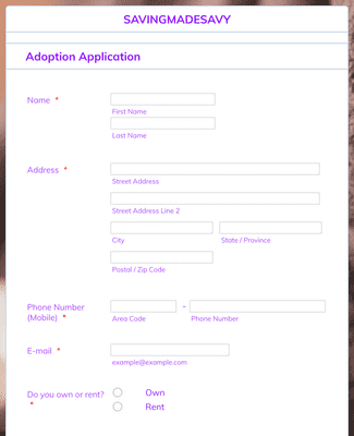 Form Templates: Simple Pet Adoption Application Form Template