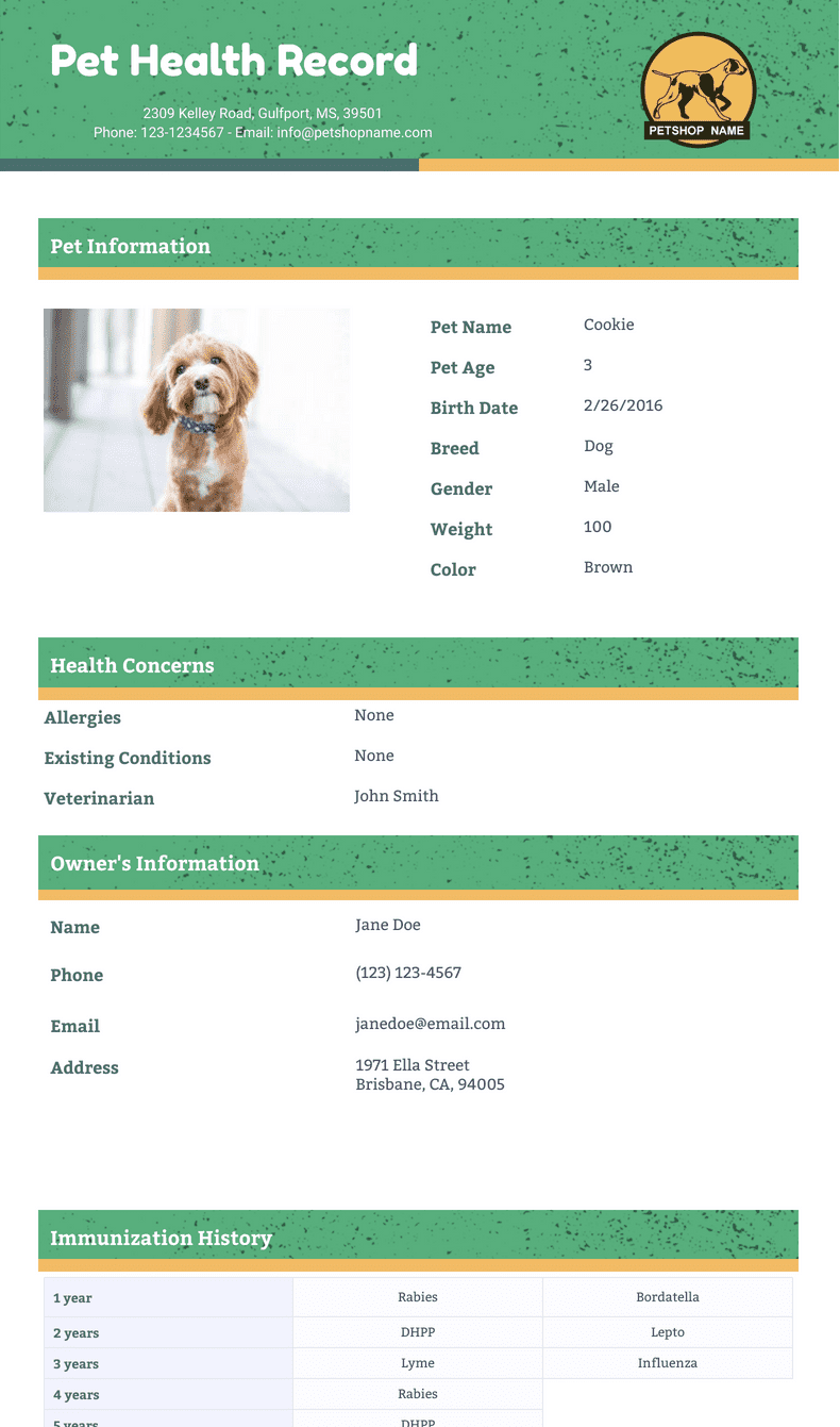 Pet Health Record Template PDF Templates Jotform