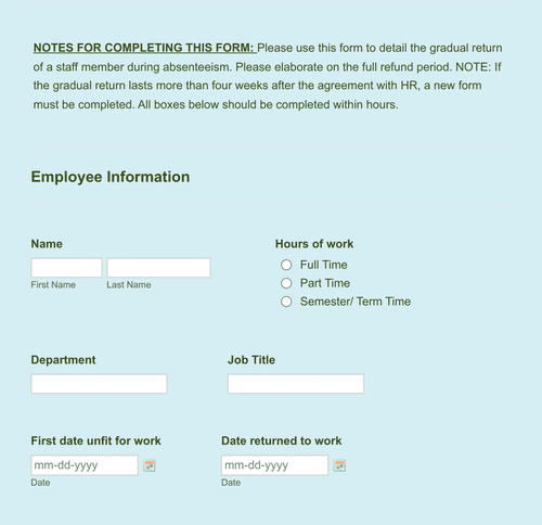 Form Templates: Phased Return To Work Form