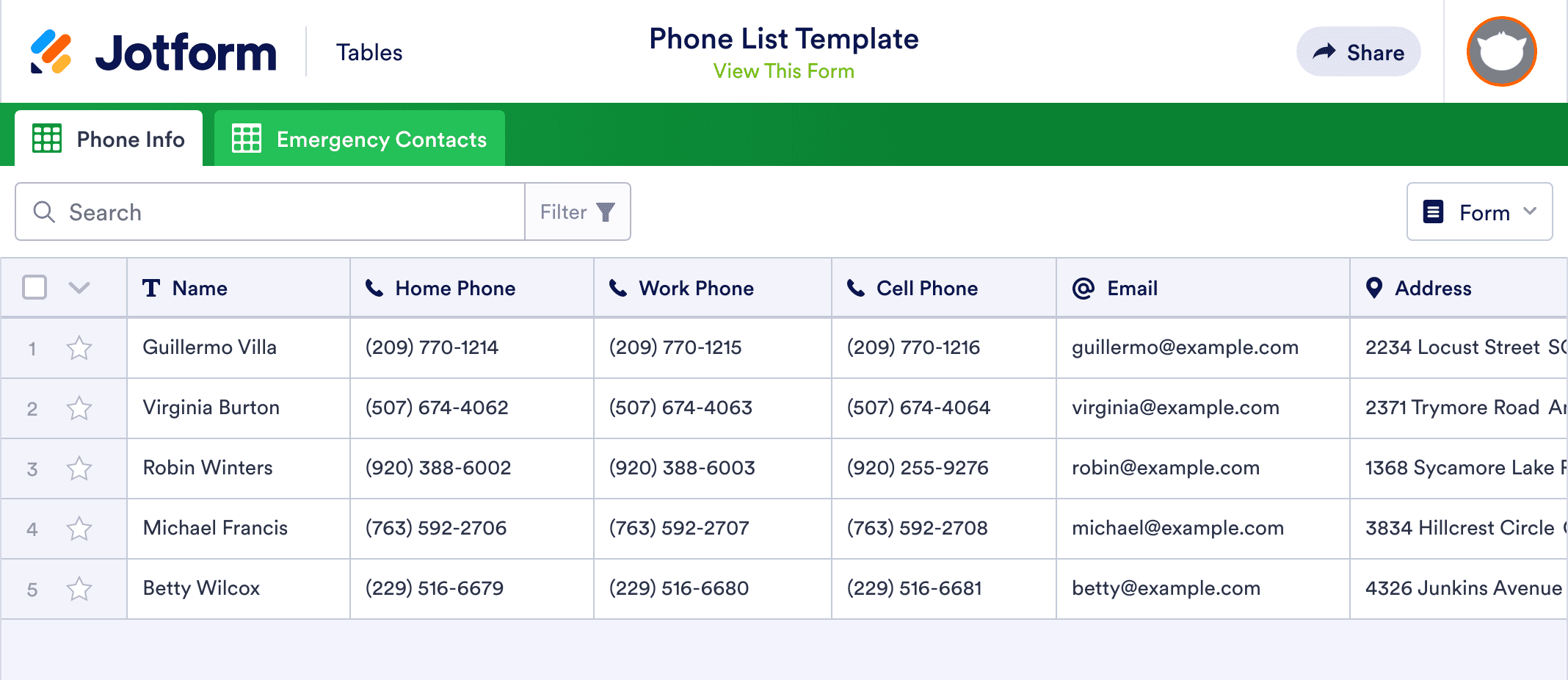 Phone List Template | Jotform Tables