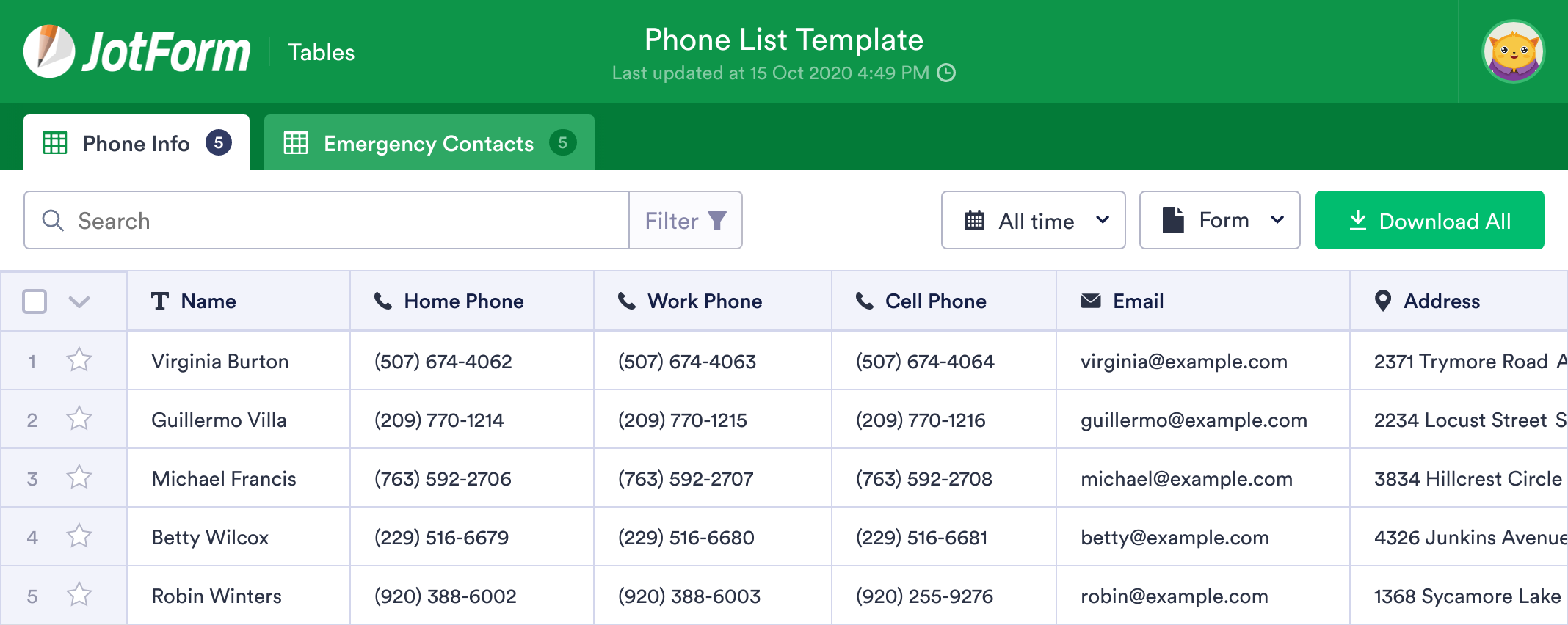 Phone List Template JotForm Tables