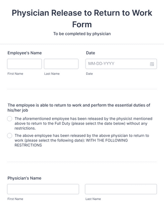 Physician Release to Return to Work Form Template Jotform