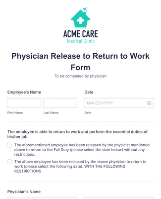 Form Templates: Physician Release To Return To Work Form