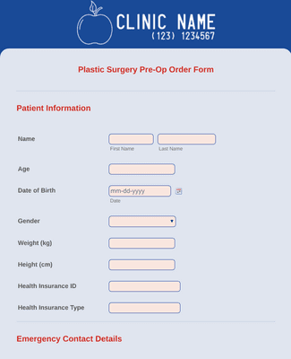 Plastic Surgery Pre Op Order Form