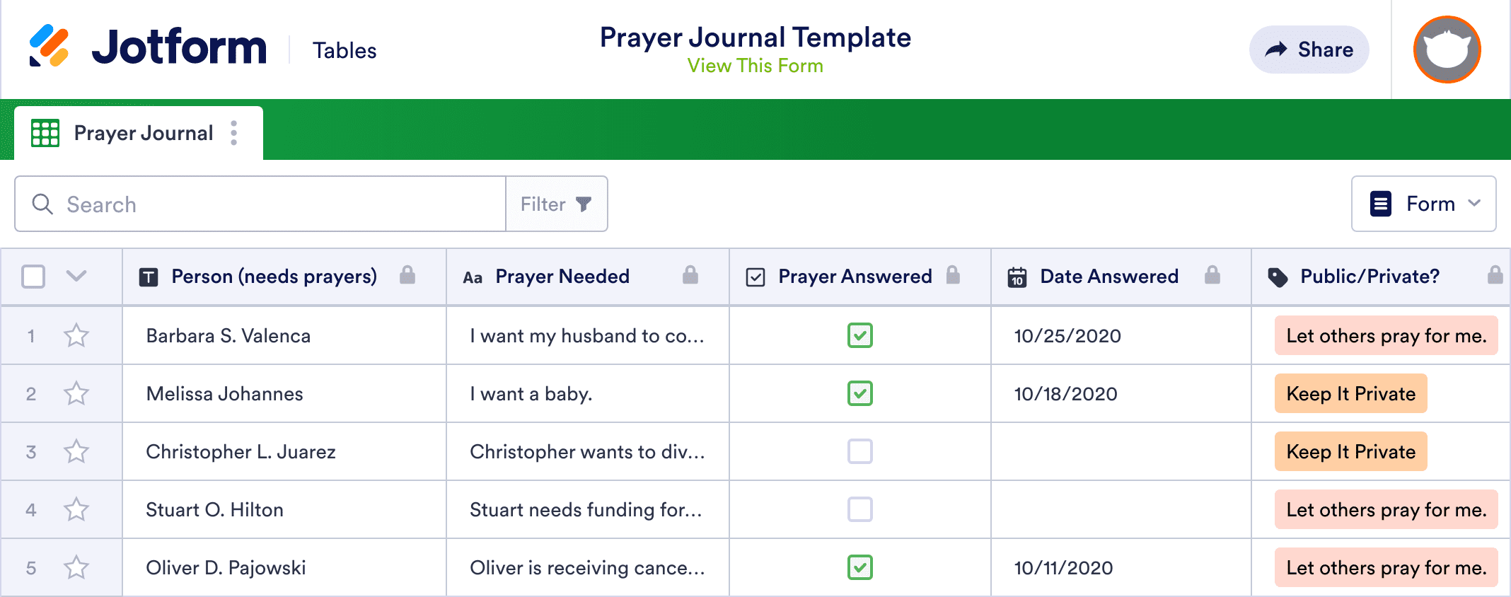 Prayer Journal Template | Jotform Tables