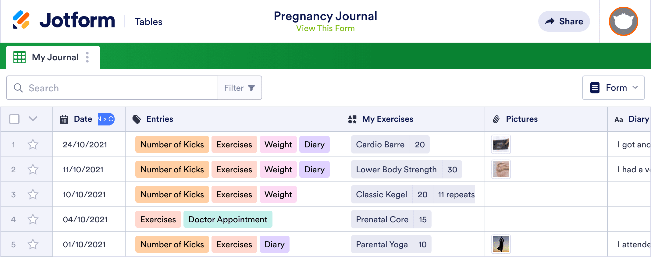 Pregnancy Journal Template | Jotform Tables