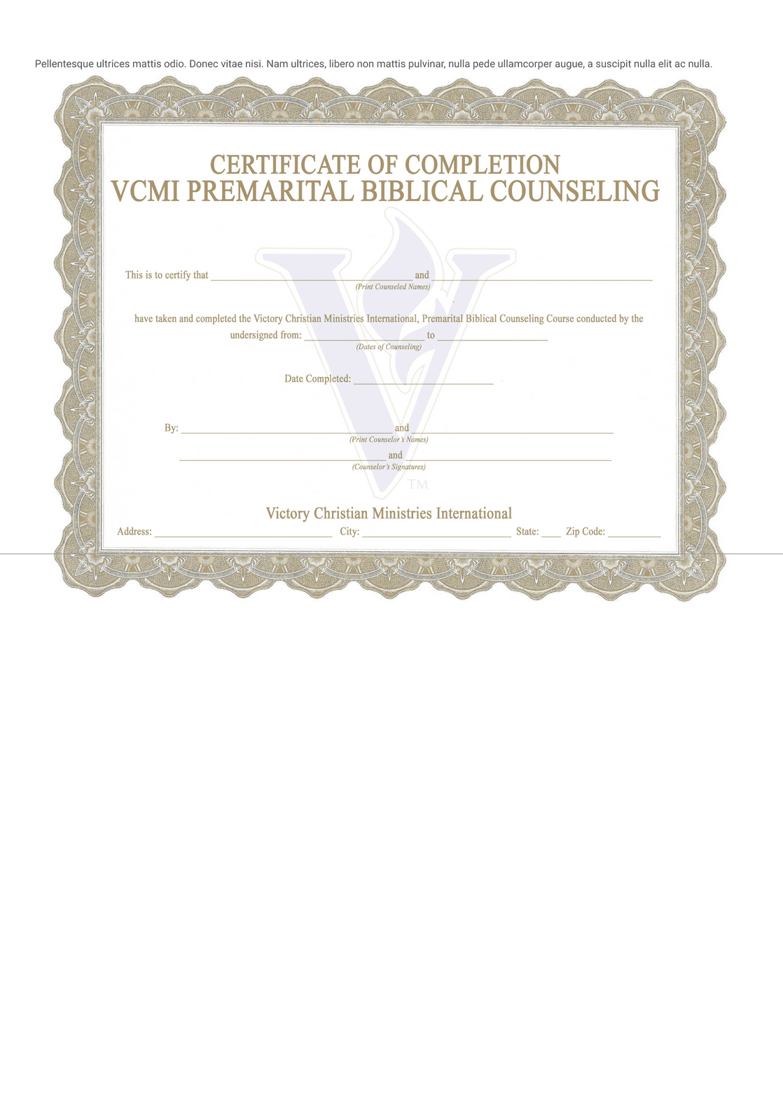 Premarital Counseling Completion Certificate