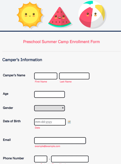 Preschool Summer Camp Enrollment Form