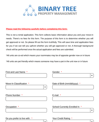Prescreen Rental Questionnaire (Room For Rent)