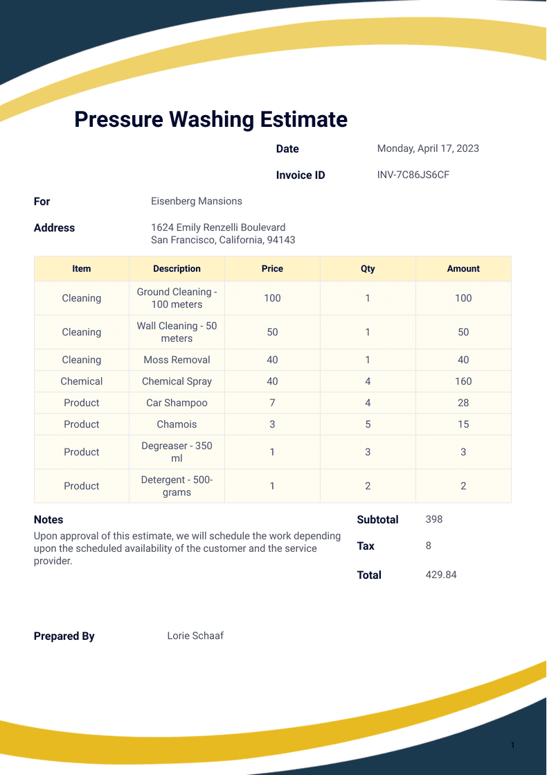 Pressure Washing Estimate Template