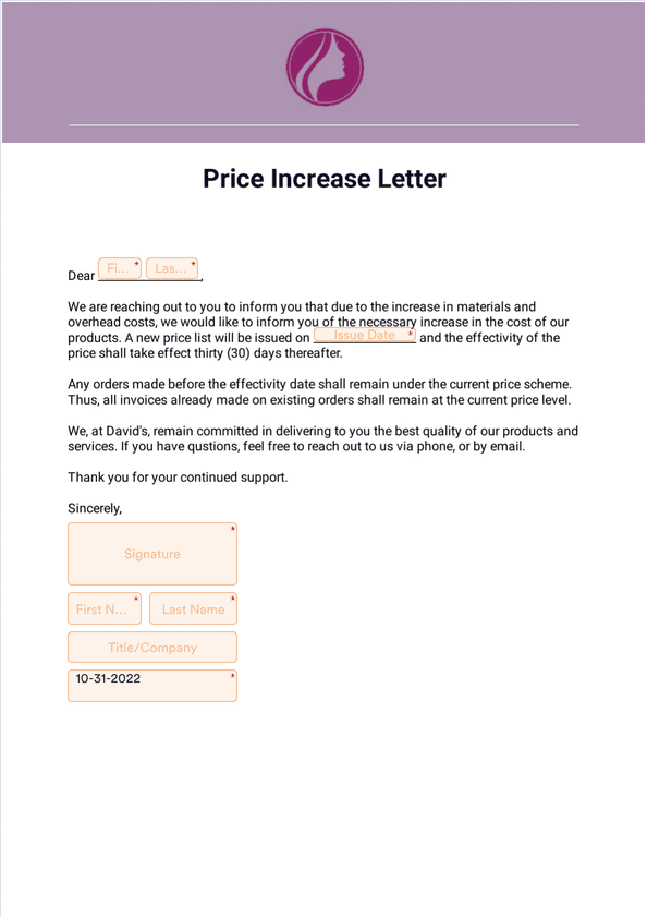 Price Increase Letter Sign Templates Jotform