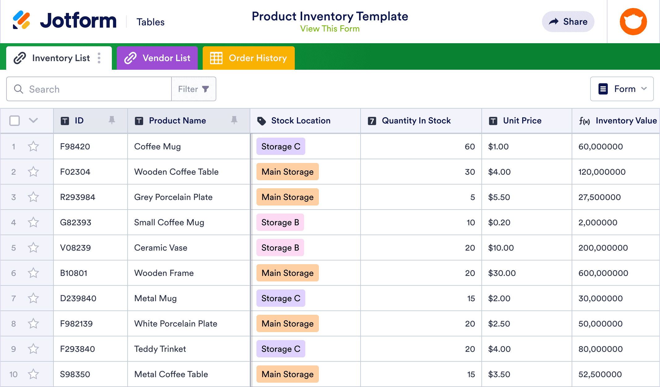 Product Inventory Template | Jotform Tables