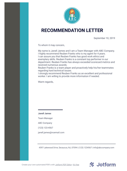 Professional Letter of Recommendation