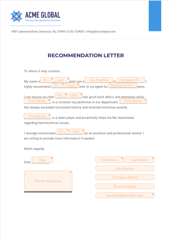 Sign Templates: Professional Letter of Recommendation