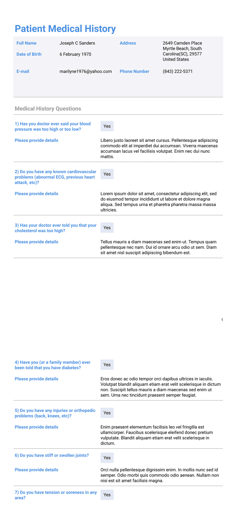 Simple Medical History Template - PDF Templates | Jotform