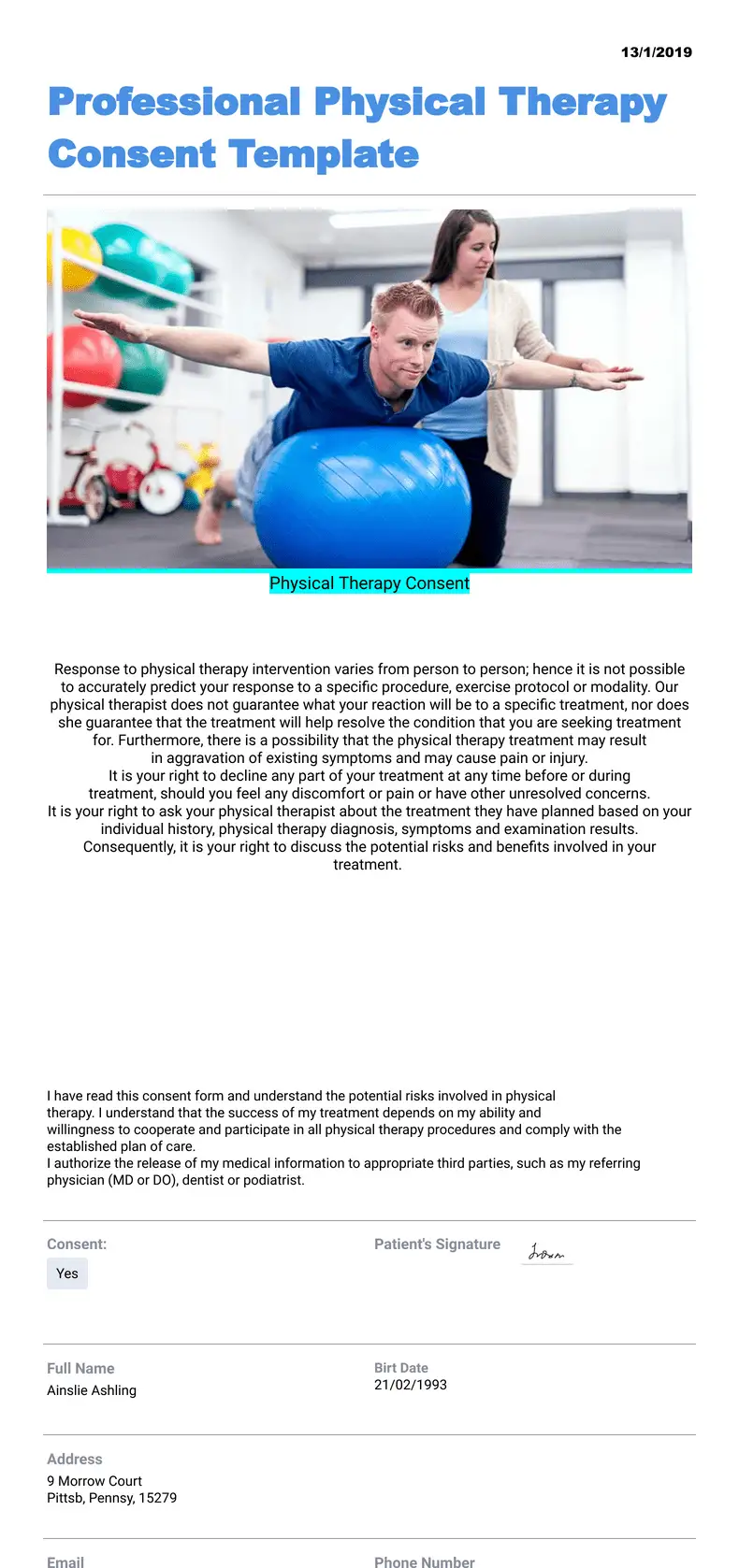 Professional Physical Therapy Consent Template - Sign Templates | Jotform