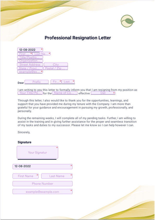 Sign Templates: Professional Resignation Letter