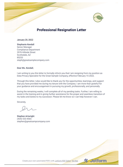 Professional Resignation Letter