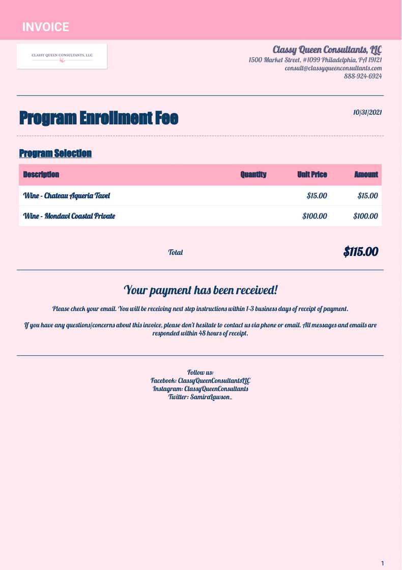 Program Enrollment Fee Invoice