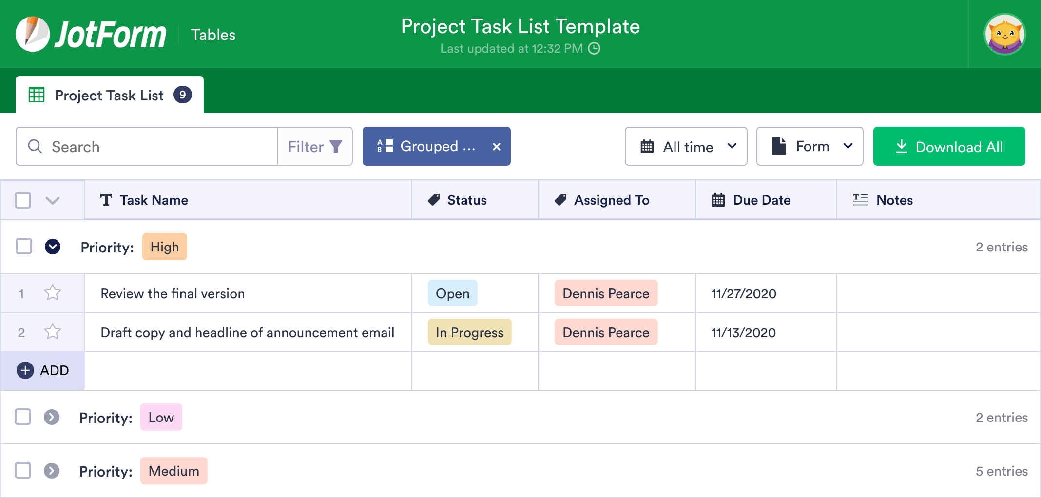 Project Task List Template JotForm Tables