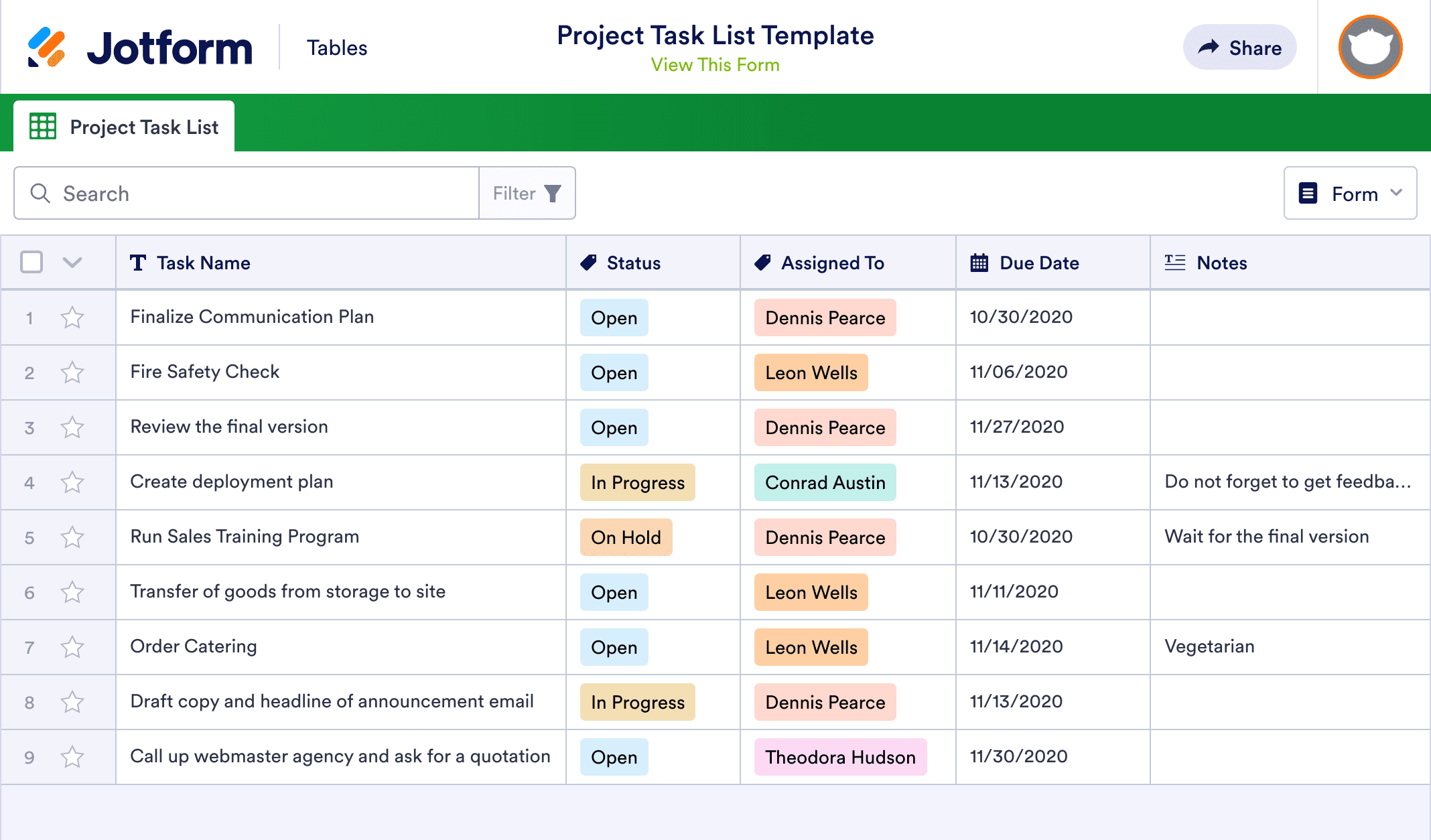 Project Task List Template