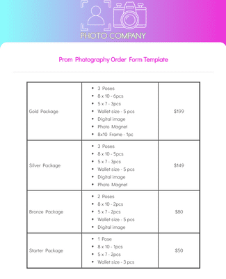 Form Templates: Prom Photography Order Form Template