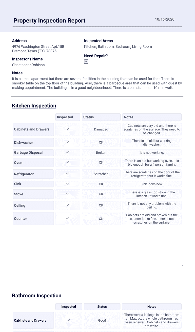 Property Inspection Report - PDF Templates | Jotform