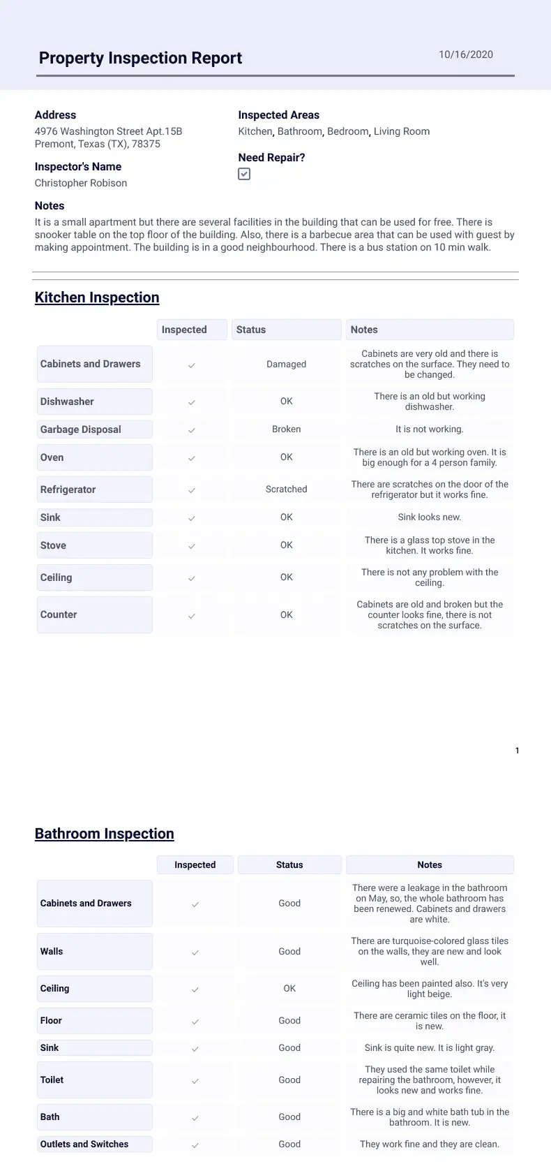 Property Inspection Report - PDF Templates | Jotform