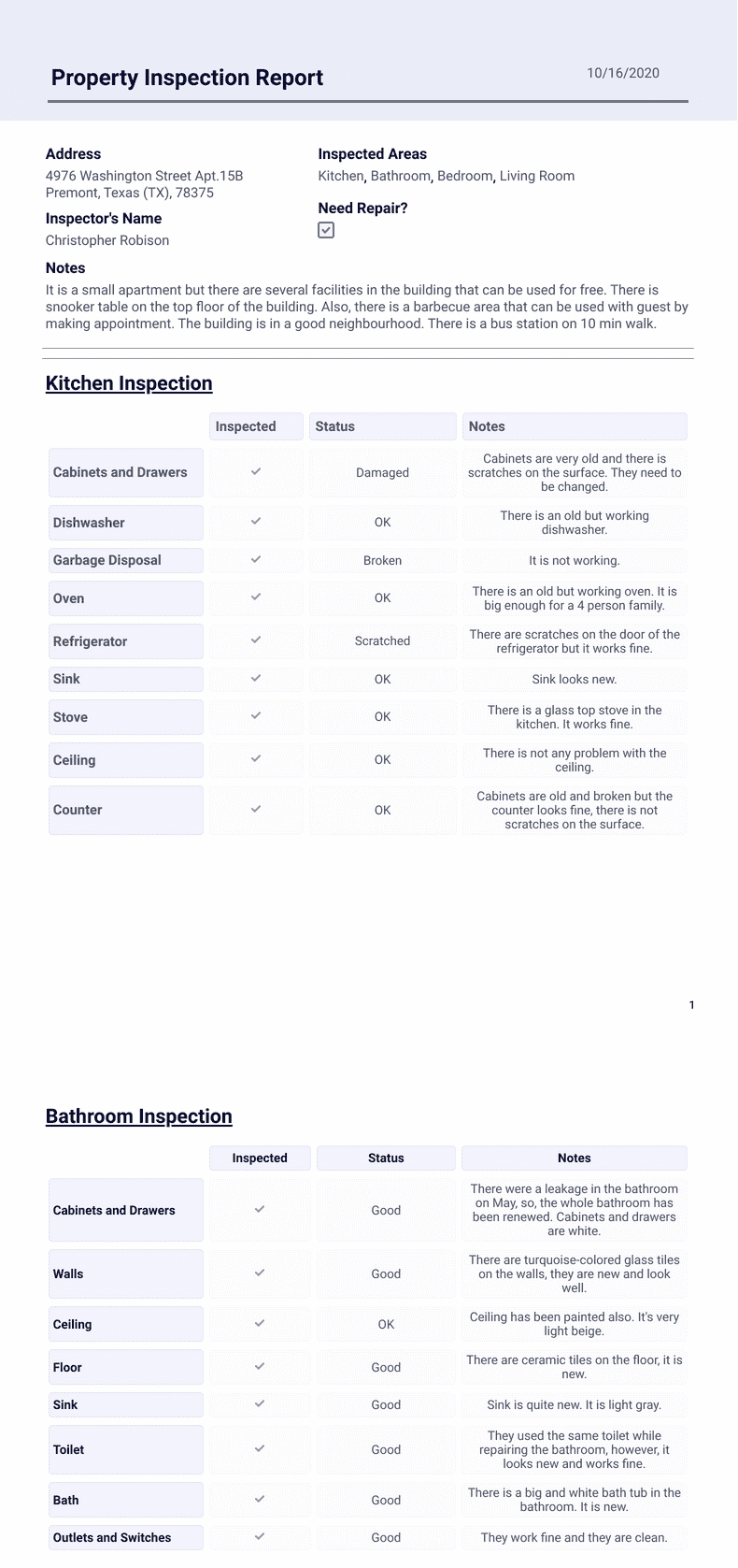 Property Inspection Report - PDF Templates | Jotform