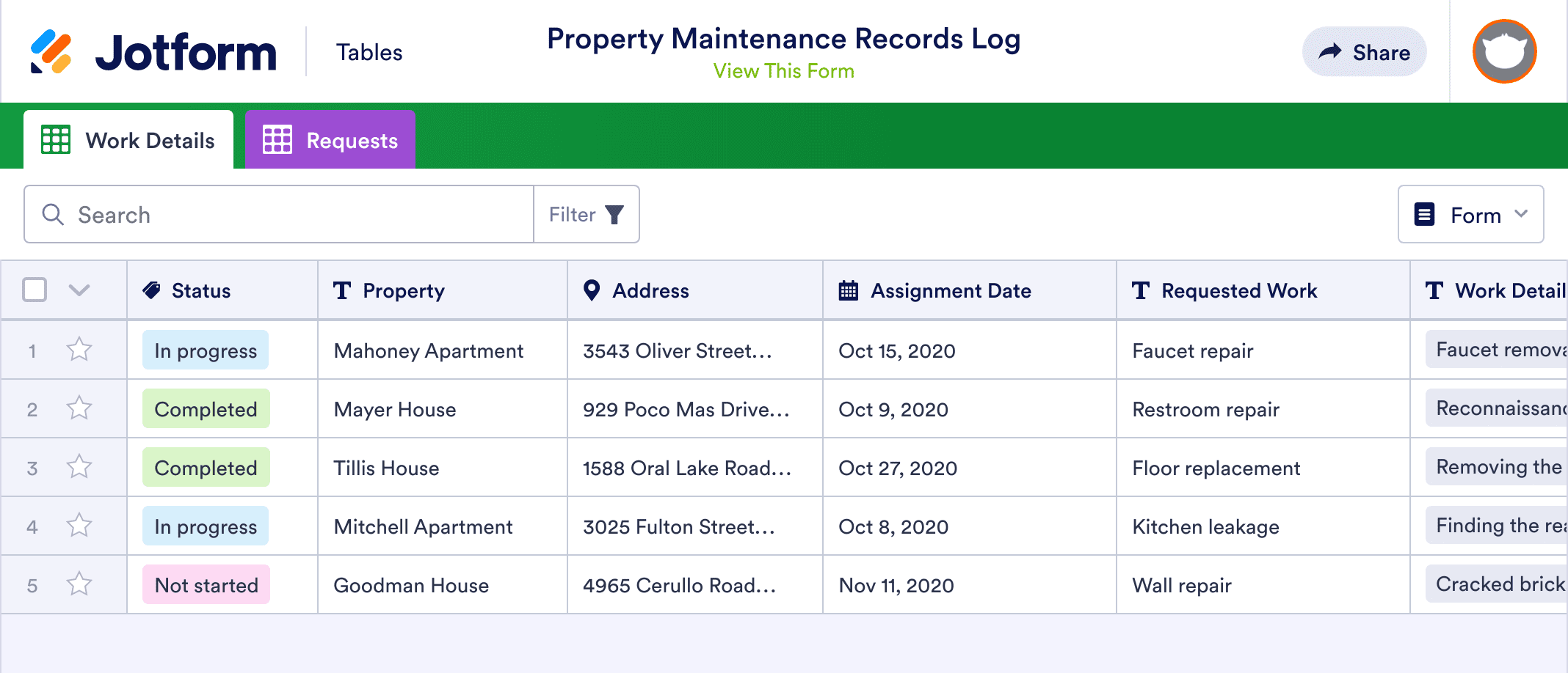 Property Maintenance Records Log
