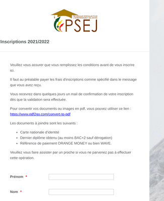 PSEJ - Inscriptions 2021/2022