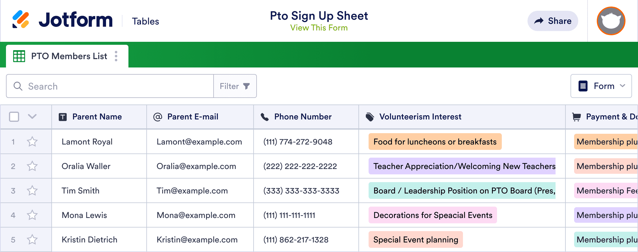 Pto Sign Up Sheet Template Jotform Tables