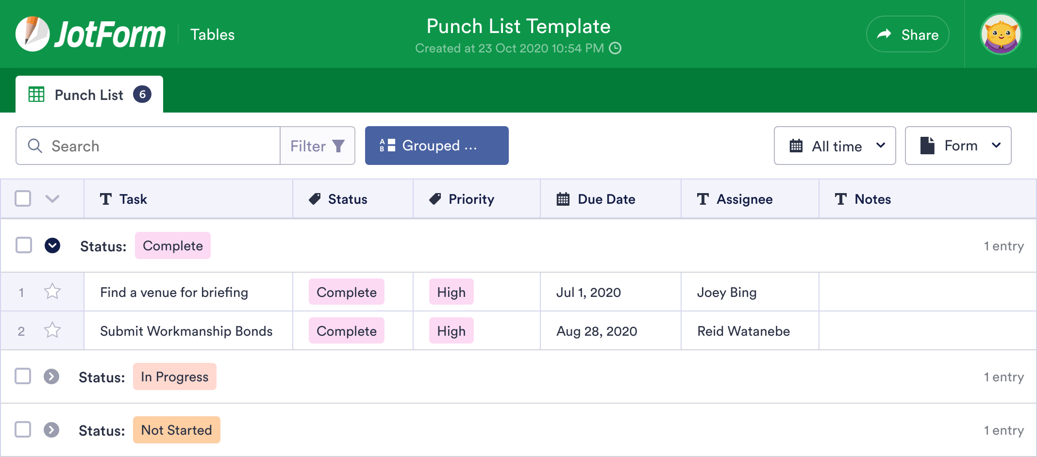 Punch List Template | JotForm Tables