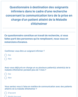 Questionnaire à destination des soignants infirmiers dans le cadre d'une recherche concernant la communication lors de la prise en charge d'un patient atteint de la Maladie d'Alzheimer