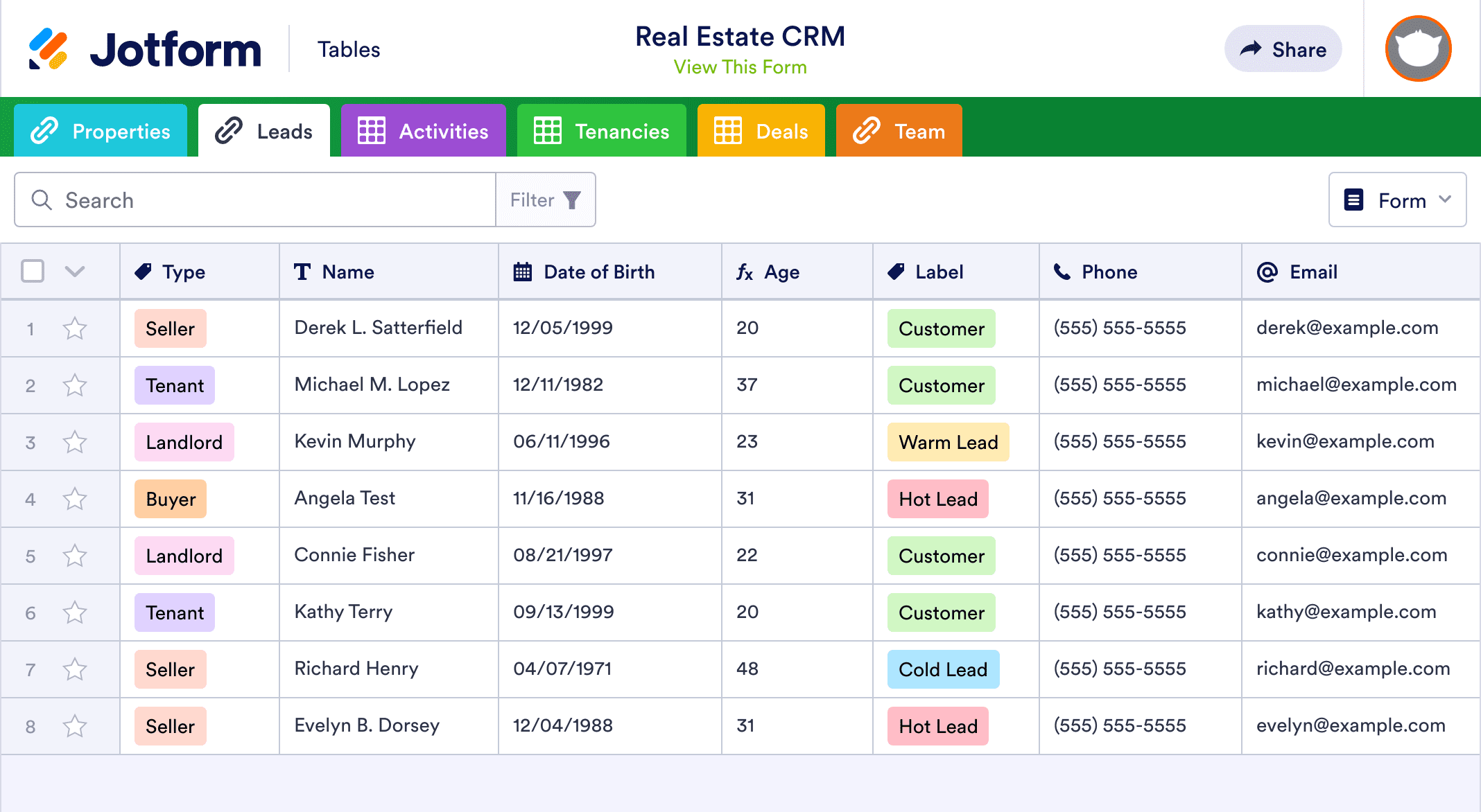 Real Estate CRM Template Jotform Tables