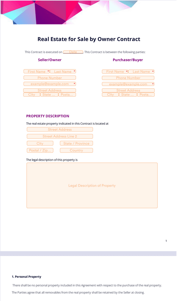 Real Estate for Sale by Owner Contract Template Sign Templates Jotform