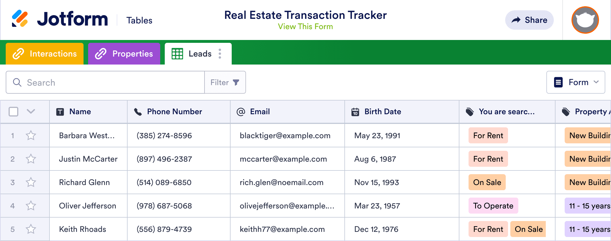 Real Estate Transaction Tracker Template Jotform Tables