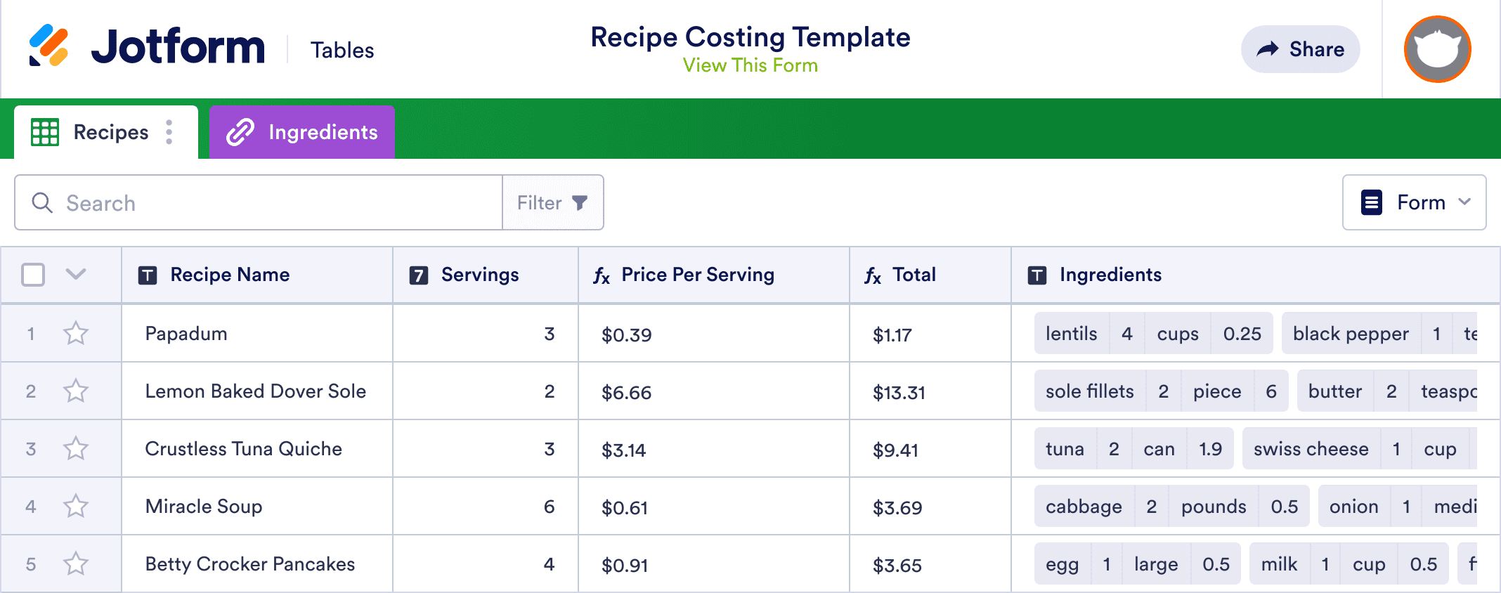 Recipe Template Excel