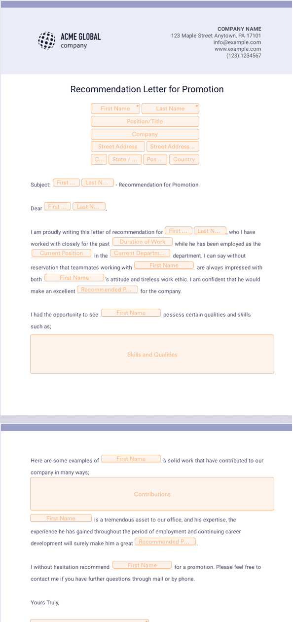 Sign Templates: Recommendation Letter for Promotion