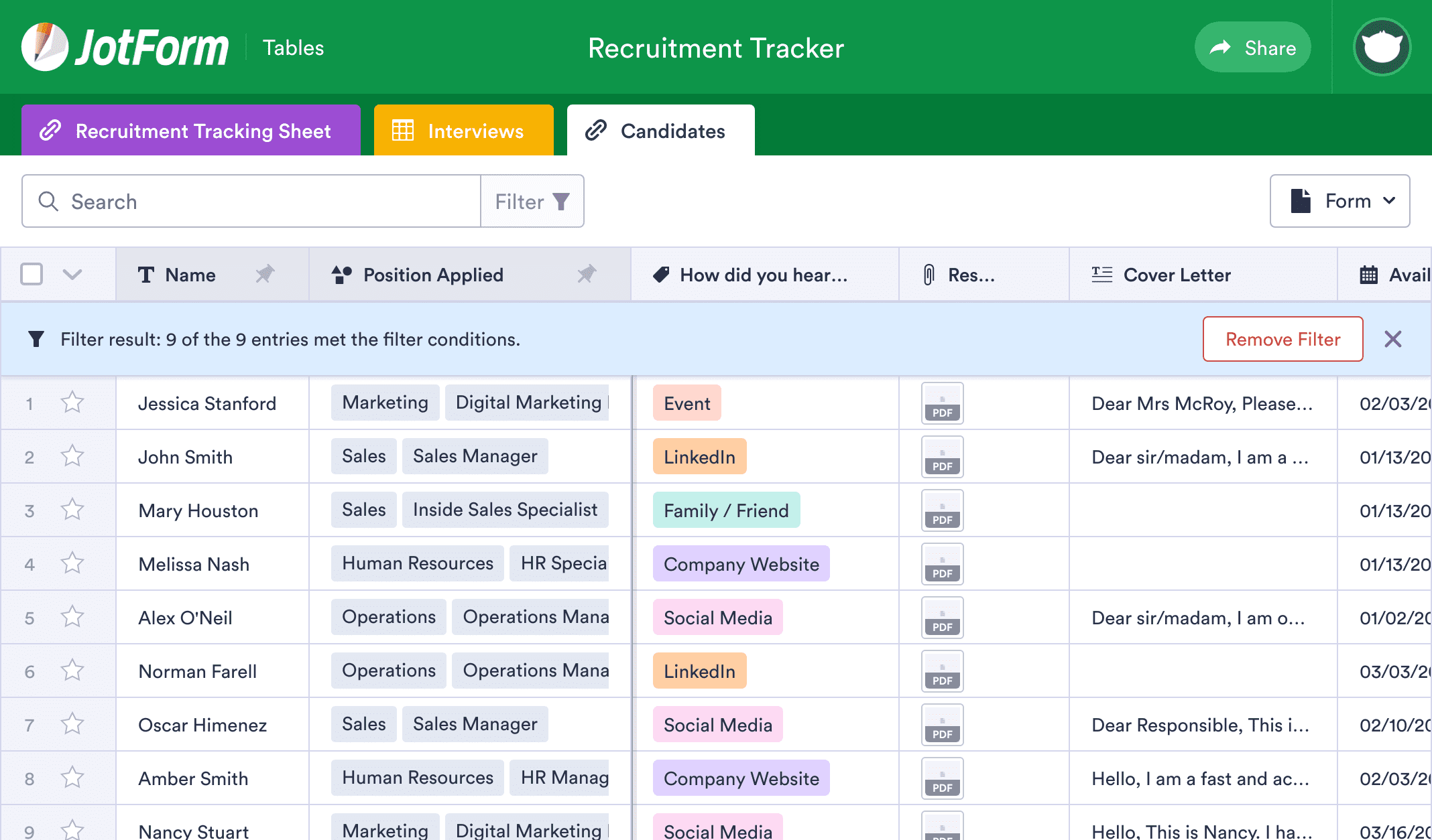 Recruitment Tracker Template | JotForm Tables