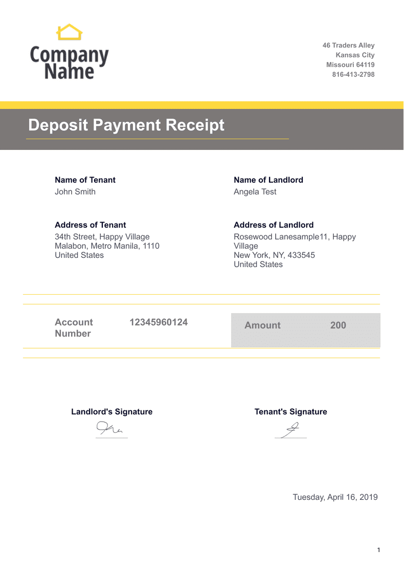 PDF Templates: Rental Deposit Receipt Template