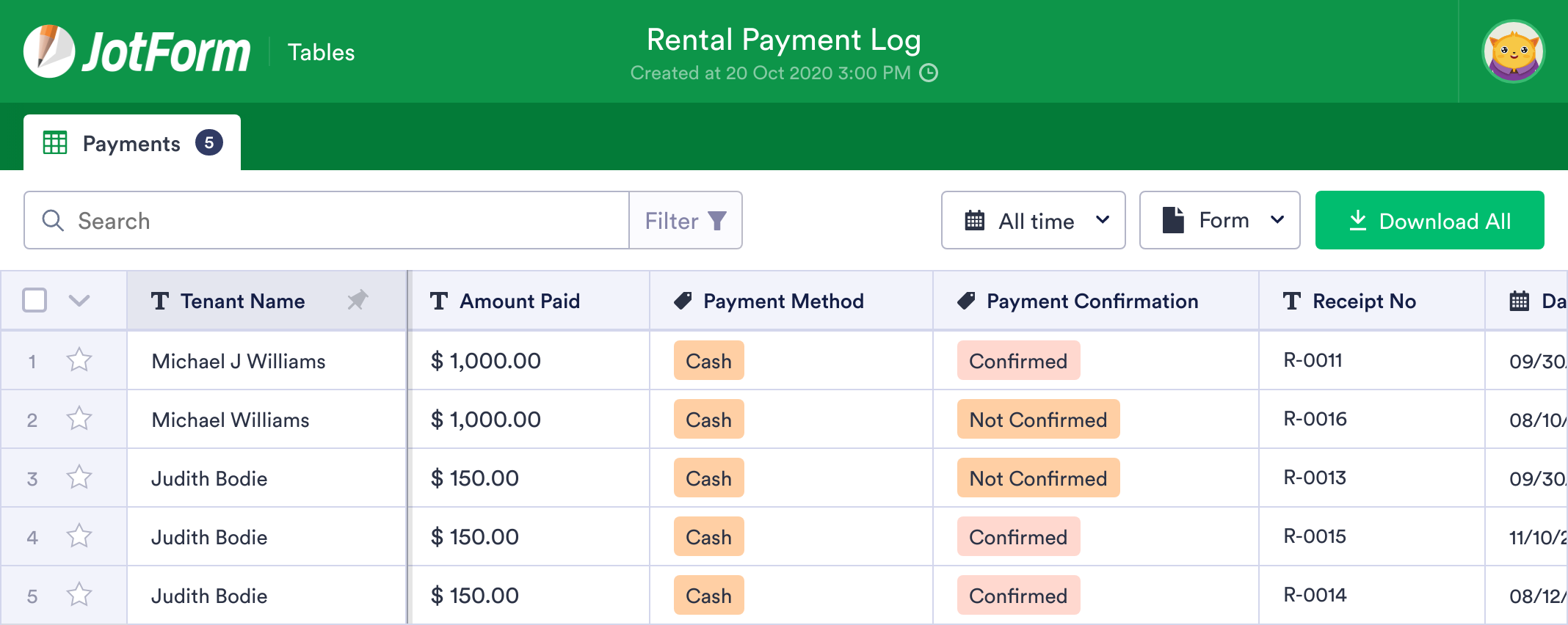 Rental Payment Log Template JotForm Tables