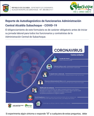Form Templates: Reporte De Autodiagnóstico De Funcionarios Administración Central Alcaldía Subachoque COVID 19