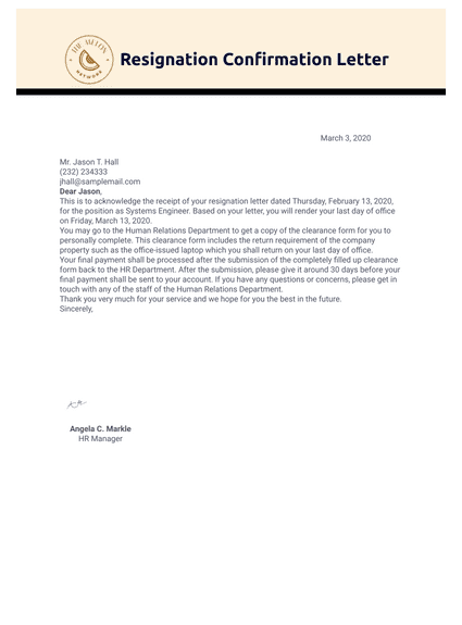 Confirmation Of Resignation Letter Template
