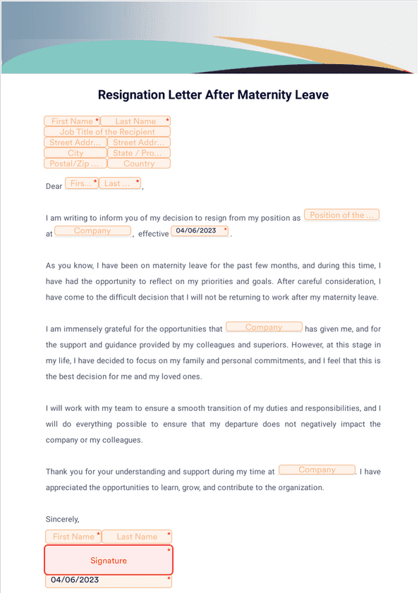 Resignation Letter After Maternity Leave Sign Templates Jotform